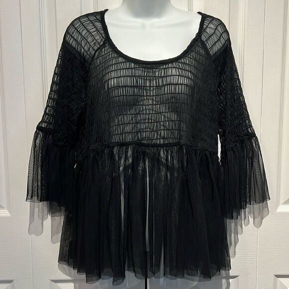 torrid Tops - Torrid Black Sheer 3/4 Sleeve Peplum Boho Top Size 1 (1X)